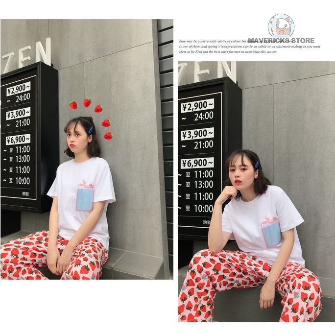 Dễ Thương Quần Lửng Lưng Cao Ống Rộng In Họa Tiết Dâu Tây Thời Trang Xuân Hè Cho Nữ