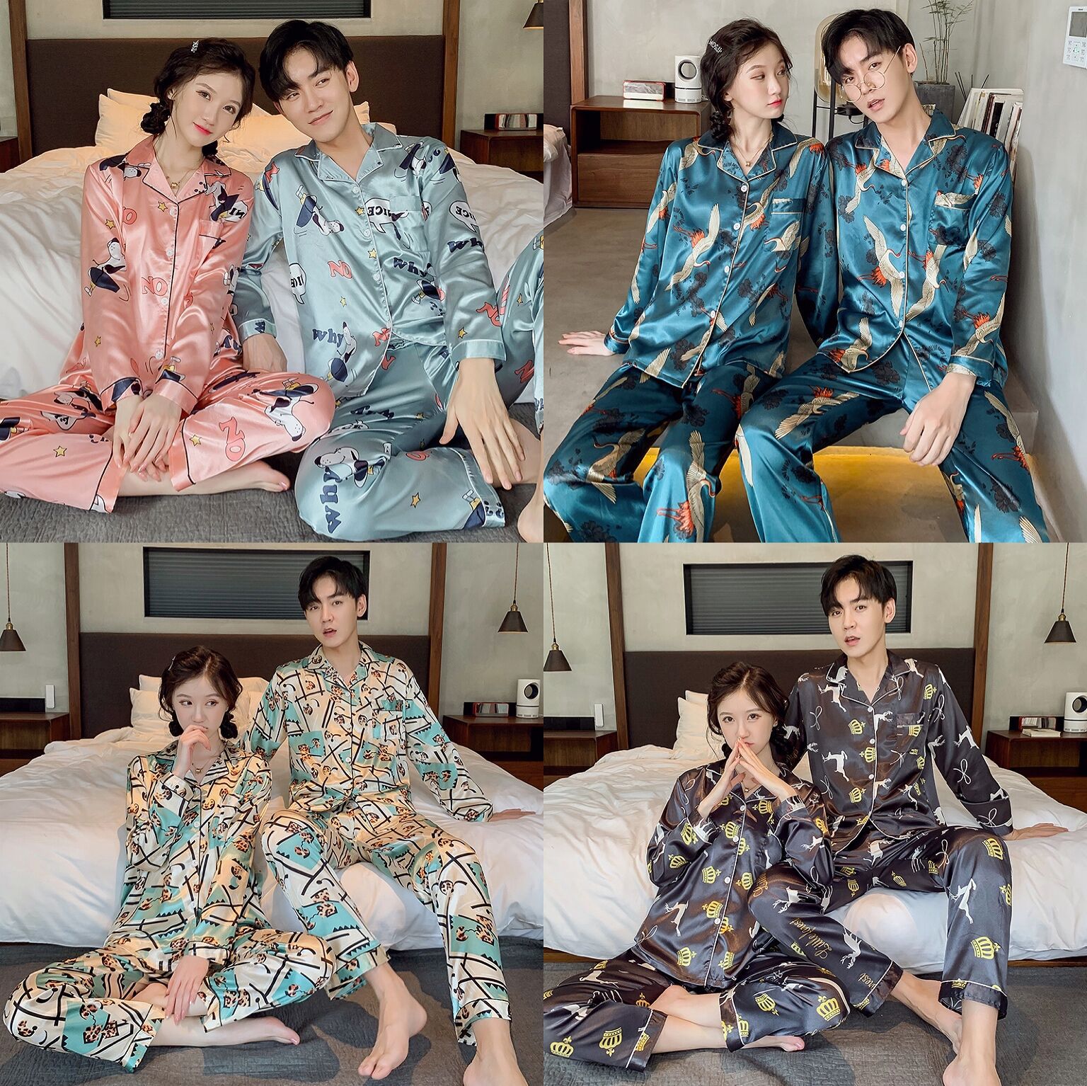 Bộ Đồ Ngủ Dài Tay Thoáng Khí Phong Cách Hàn Quốc Cho Cặp Đôi áo nữ đồ bộ pyjama pijama Đồ ngủ đôi đồ mặc nhà thu đông lụa cặp đôi cao cấp nam