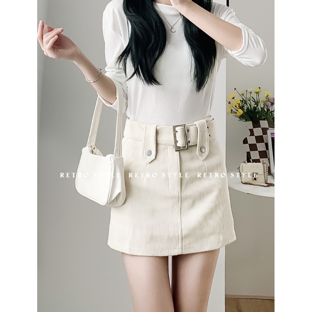 Chân váy nhung kèm đai phong cách retro mã 891