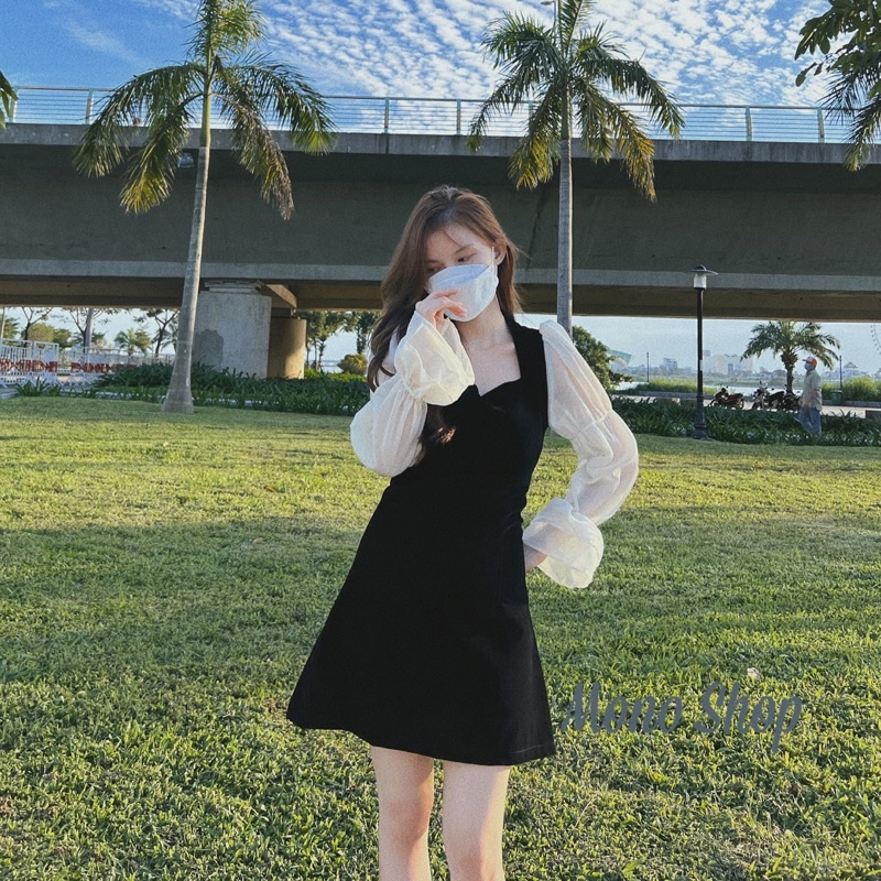 Váy nhung cổ vuông xẻ V nhỏ tay voan bo chun, đầm nữ nhung tay voan Ảnh thật/ sẵn