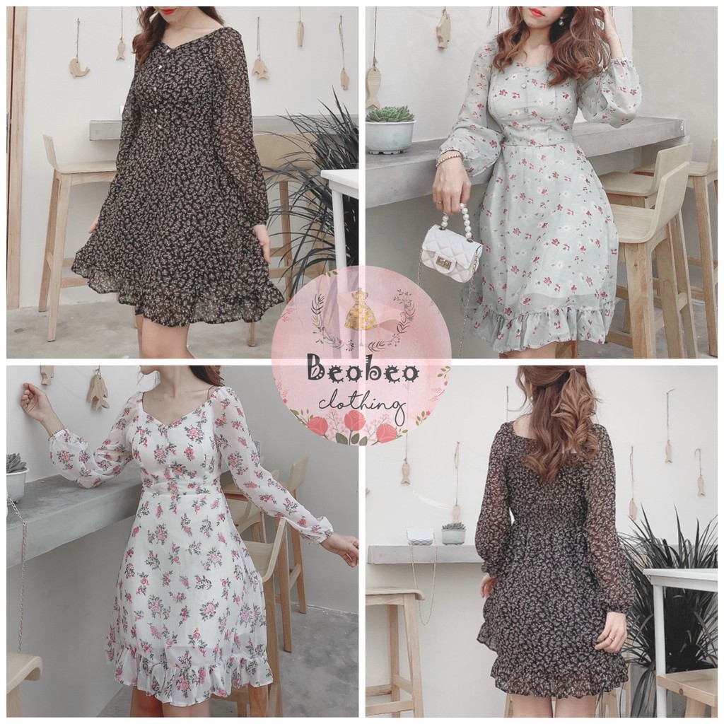 Đầm hoa nhí đuôi cá tay phồng phối nút vintage