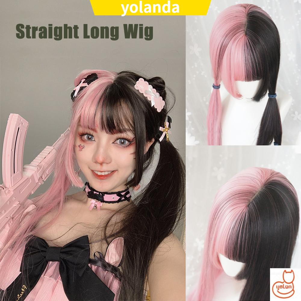 ☆YOLA☆ Long Thick Black&pink Wig Hair Extension Lolita Double Color Toupee Women Female Synthetic Bangs Harajuku Goth Style Hair Cosplay Long Straight Hair