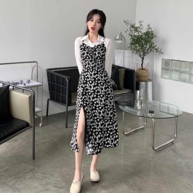 [ORDER] Váy yến hai dây hoa nhí đen trắng xẻ tà sâu sexy hàng Quảng Châu có size