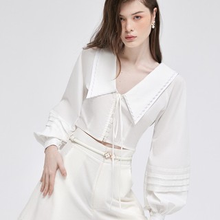 DEAR JOSÉ - Áo kiểu cổ V tay phồng dài Lilly vải poplin trắng