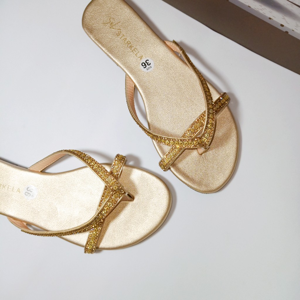 Dép kẹp mũi tròn đính đá lót nhũ đế dẻo xịn  Mys Rosa Factory đ-0266