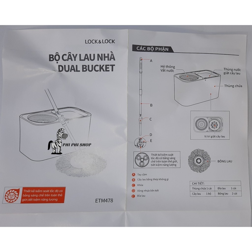 Bộ lau nhà xoay tay Lock&Lock ETM478 Dual Bucket Spin Mop 360 độ