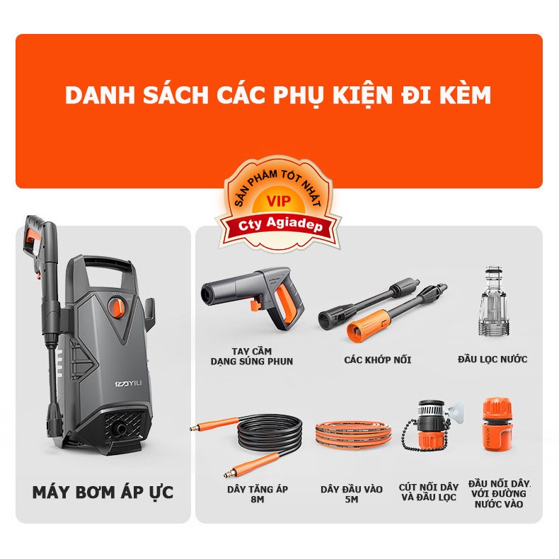 Bơm Áp Lực Siêu Tăng Áp 1400W-100BAR rửa xe ô tô, xe máy, rửa sân Agiadep