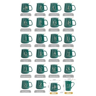 Set Ly cốc sứ có nắp thìa xanh ngọc bích in chữ vàng kim (Chữ ngẫu nhiên)