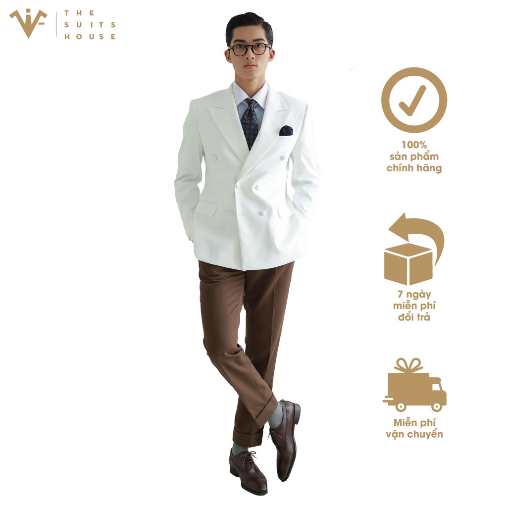 Bộ vest nam trắng phối nâu đậm, 2 túi 6 khuy, suits sartorial chất cashmere The Suits House