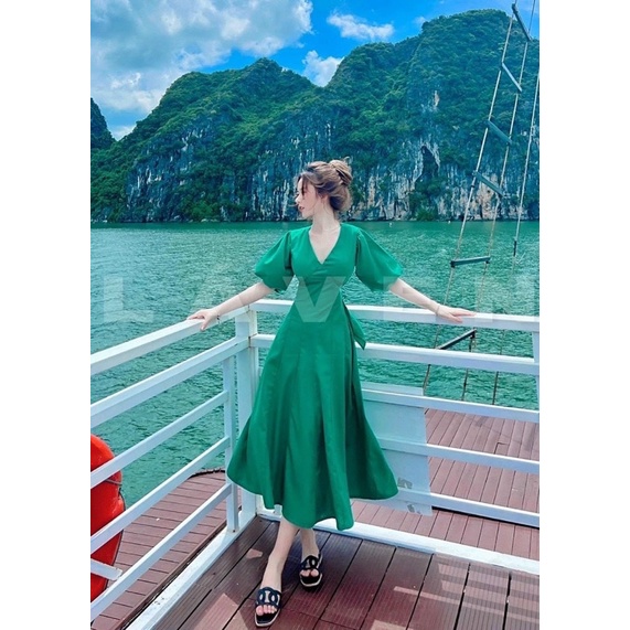 Đầm thời trang nữ mặc đi chơi chất lụa 2 lớp màu xanh cổ v cột nơ sau lưng sexy