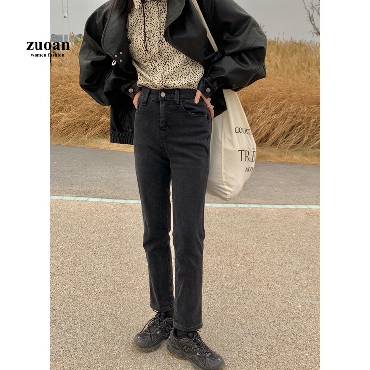 SUXI Quần jean dài lưng cao ống rộng màu đen phong cách Hàn Quốc trẻ trung hợp thời trang