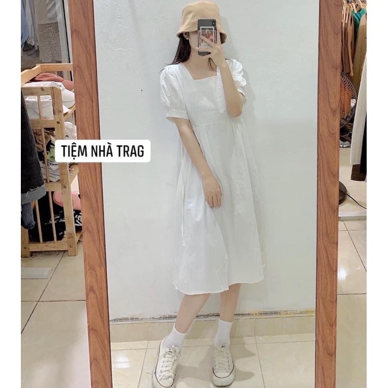 Váy Trắng Trễ Vai Tay Cộc Cổ Thuyền - Đầm Cổ Vuông Bo Chun Tay Phồng Hot Ảnh Thật | BigBuy360 - bigbuy360.vn