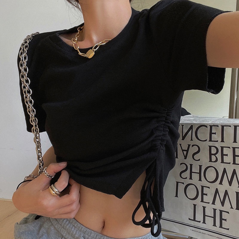 Áo thun crop top IELGY tay ngắn phối dây rút chất lượng cao thời trang cho nữ
