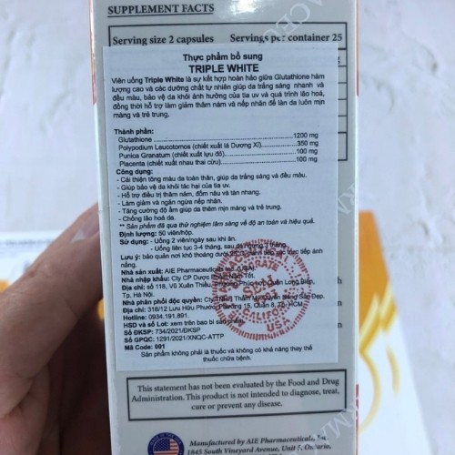 Triple White viên uống trắng da chống nắng nhập khẩu chính hãng Mỹ - Hộp 50 viên | BigBuy360 - bigbuy360.vn