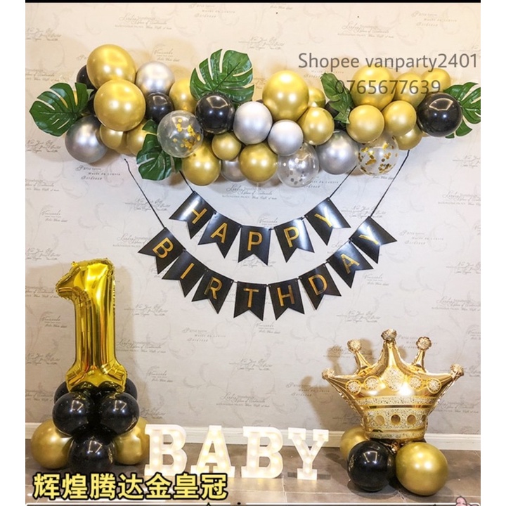 Set bóng siêu nhũ trang trí sinh nhật tông vàng-bạc-đen (Tặng kèm bơm+keo dán)