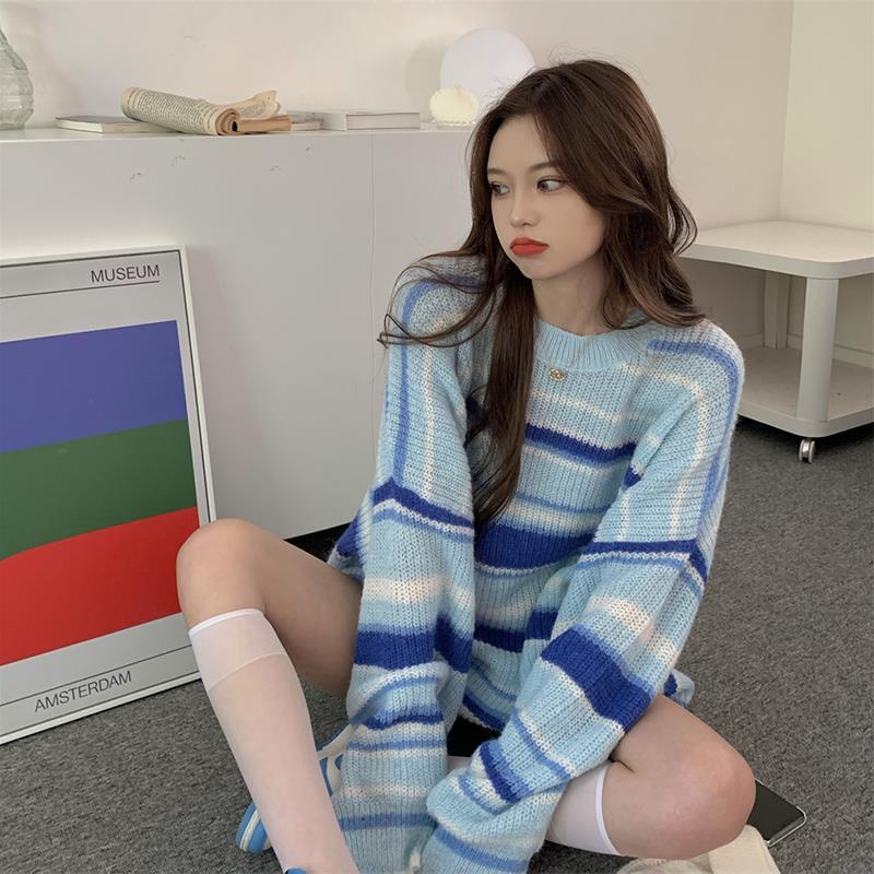 Áo sweater Dáng Rộng Họa Tiết Kẻ Sọc Phong Cách Hàn Quốc Thời Trang Cho Nữ
