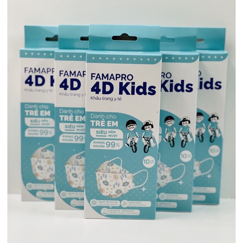 Khẩu trang 4d kids thương hiệu famapro, chính hãng công ty NAM ANH, dành cho bé từ 3-10tuổi