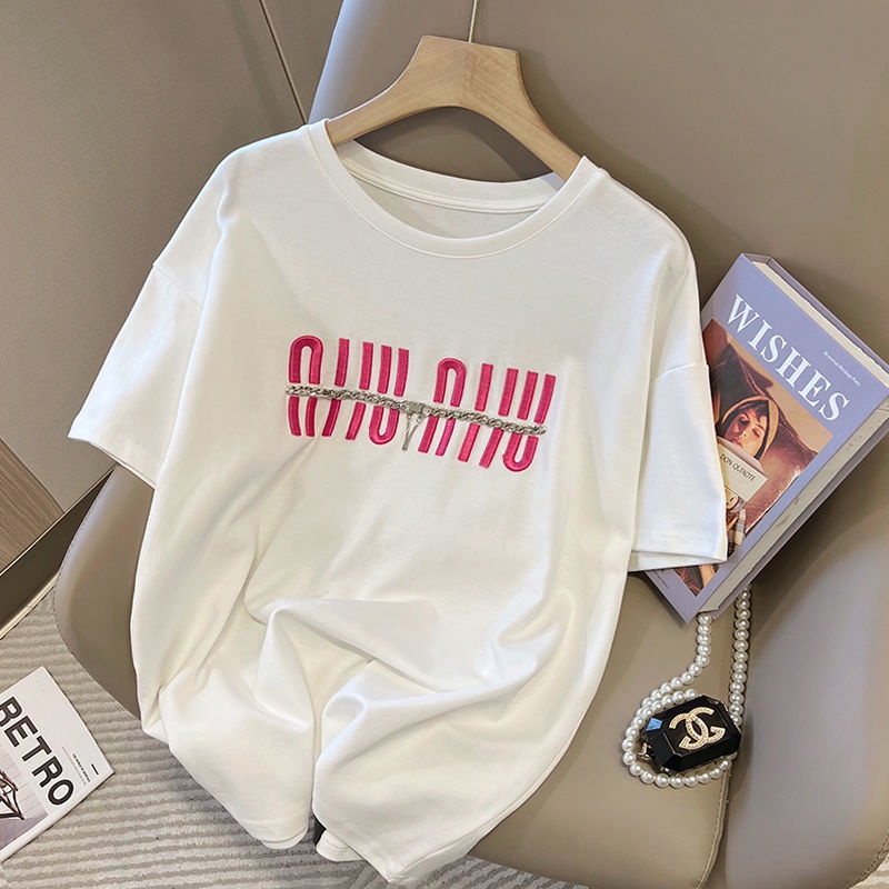 Mới Áo Thun Tay Ngắn Hoạ Tiết Chữ Thêu Thiết Kế Dáng Rộng Thoải Mái