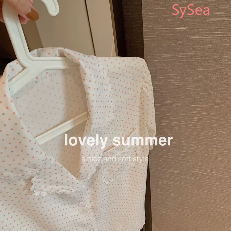 Bộ Đồ Ngủ ngắn tay Phối Ren Họa Tiết Chấm Bi Thời Trang Mùa Hè Cho Nữ