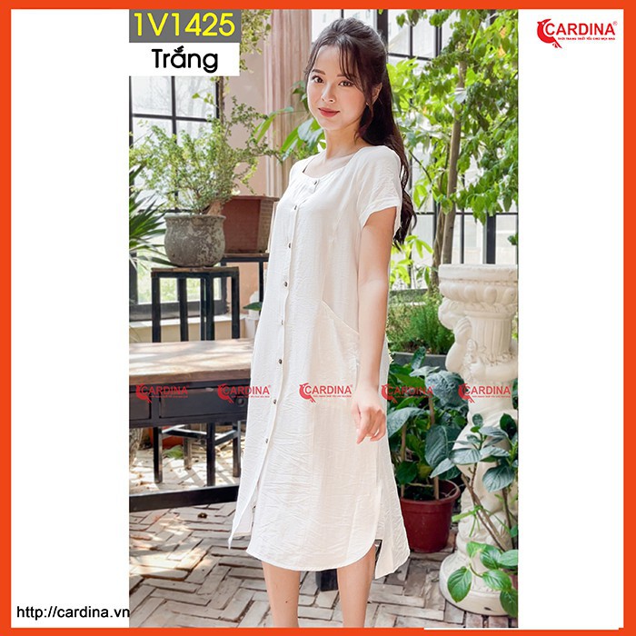 Váy Dáng Suông 𝐂𝐀𝐑𝐃𝐈𝐍𝐀 Chất Đũi Có Cúc Cổ Vuông Cao Cấp Chính Hãng, Mềm Mại Thoáng Mát Thanh Lịch