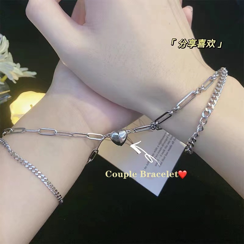 Vòng Tay Hai Lớp Khóa Nam Châm Hình Trái Tim Phong Cách hip hop Hàn Quốc Cho Cặp Đôi