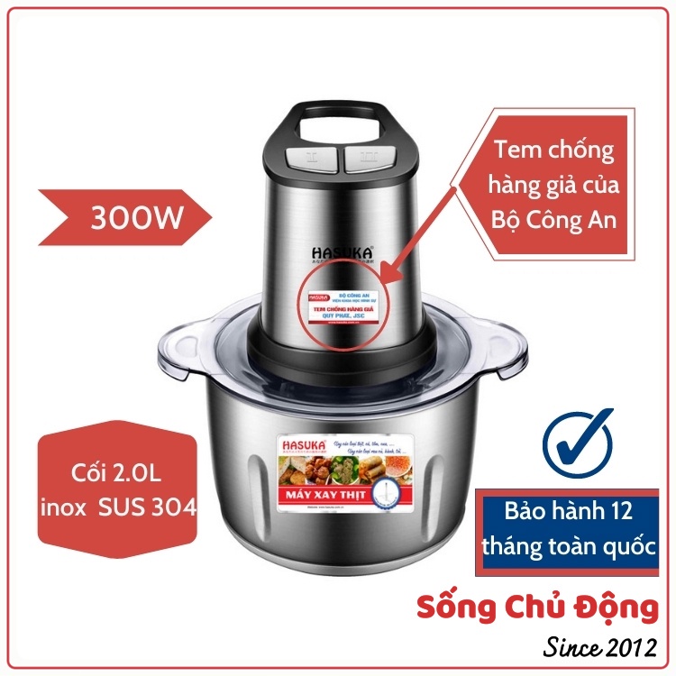 Máy xay thịt Hasuka HSK-123, Xuất xứ Nhật Bản, Bảo hành chính hãng 12 tháng, Cối Inox Siêu bền, Dung tích 2L; Lưỡi inox