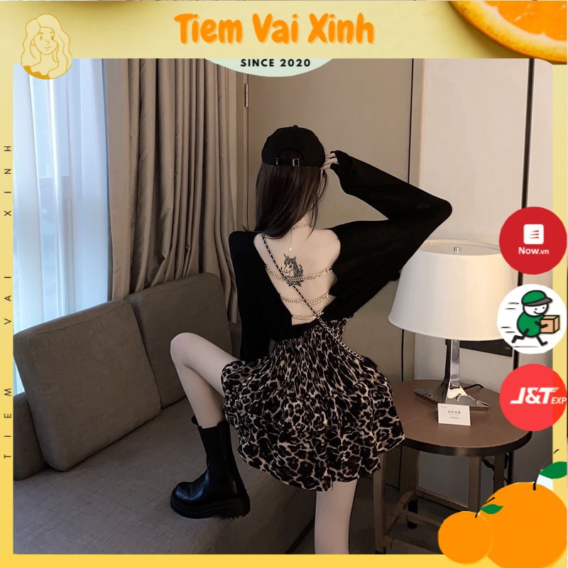 Áo Kiểu Phối Chân Váy [Tiệm Vải Xinh] Set Áo Hở Lưng Phối Chân Váy Da Beo Sang Chảnh, Sexy