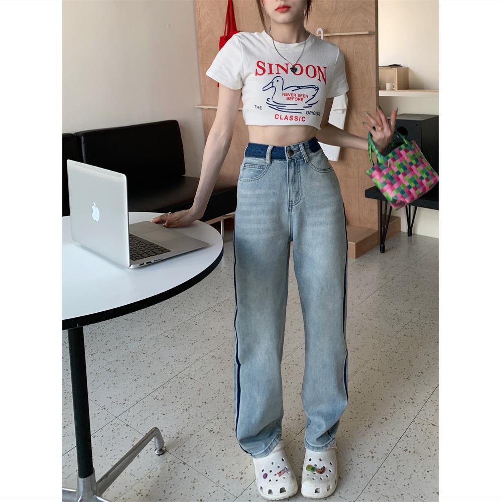 Quần Jean Dài Lưng Cao Dáng Rộng Màu Sắc Tương Phản Thời Trang Mùa Hè 2022 Cho Nữ