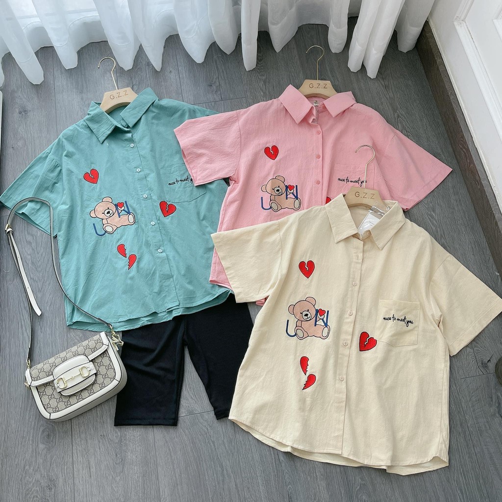 Áo Sơ Mi Gấu Trái Tim Thêu Chữ NICE TO MEET YOU Siêu Cute | BigBuy360 - bigbuy360.vn