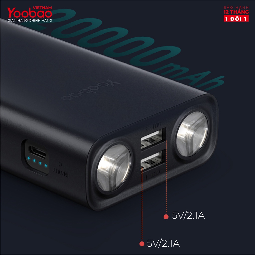 Pin Sạc Dự Phòng Yoobao L20 20000mAh - Tích hợp đèn pin siêu sáng, Sạc đồng thời 3 thiết bị