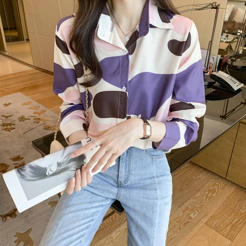 Áo Sơ Mi chiffon Tay Dài In Họa Tiết Phong Cách retro Hàn Quốc Mới Cho Nữ