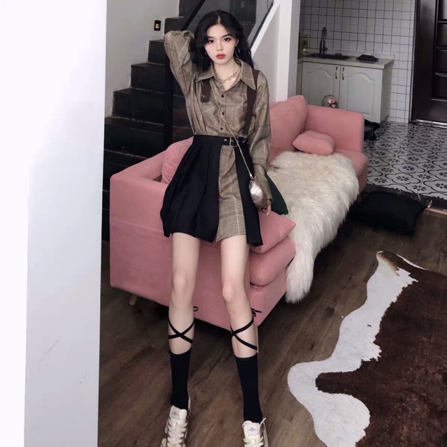 [ORDER+ẢNH THẬT] Set váy áo sơ mi kẻ dáng dài + chân váy xếp li cách điệu Ulzzang BLACK PINK siêu xinh - độc - hot | BigBuy360 - bigbuy360.vn