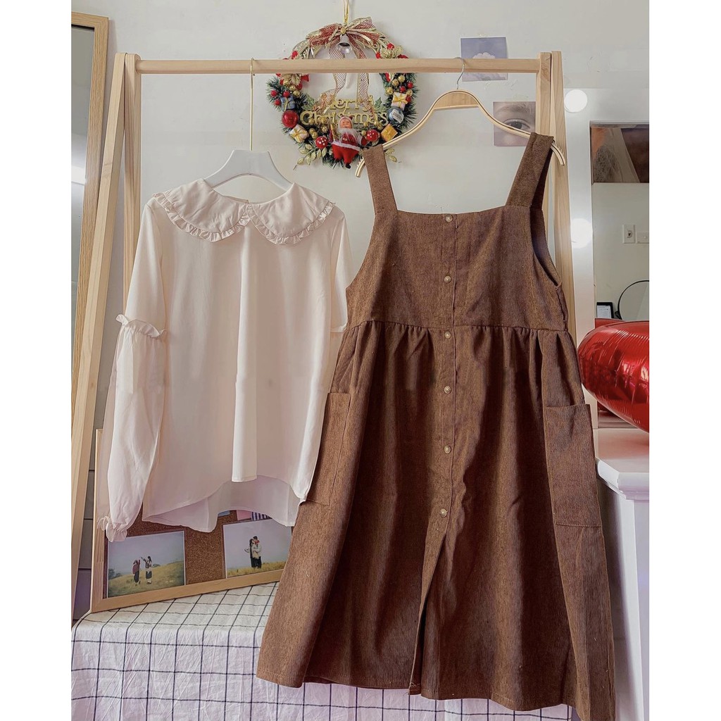 Set Yếm Váy Nhung Ulzzang Phối Sơ Mi Cách Điệu Màu Nâu Tây Xinh Xắn / Set đồ Lolita Nhật Bản