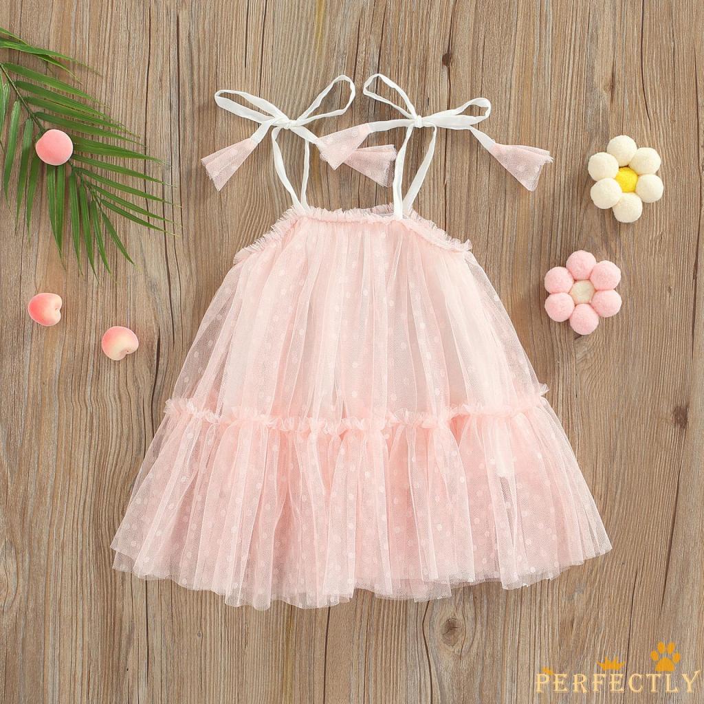PEF-Baby Girl Sleeveless Dress with Mesh Adjustable Shoulder Straps Little Princess Summer Clothing