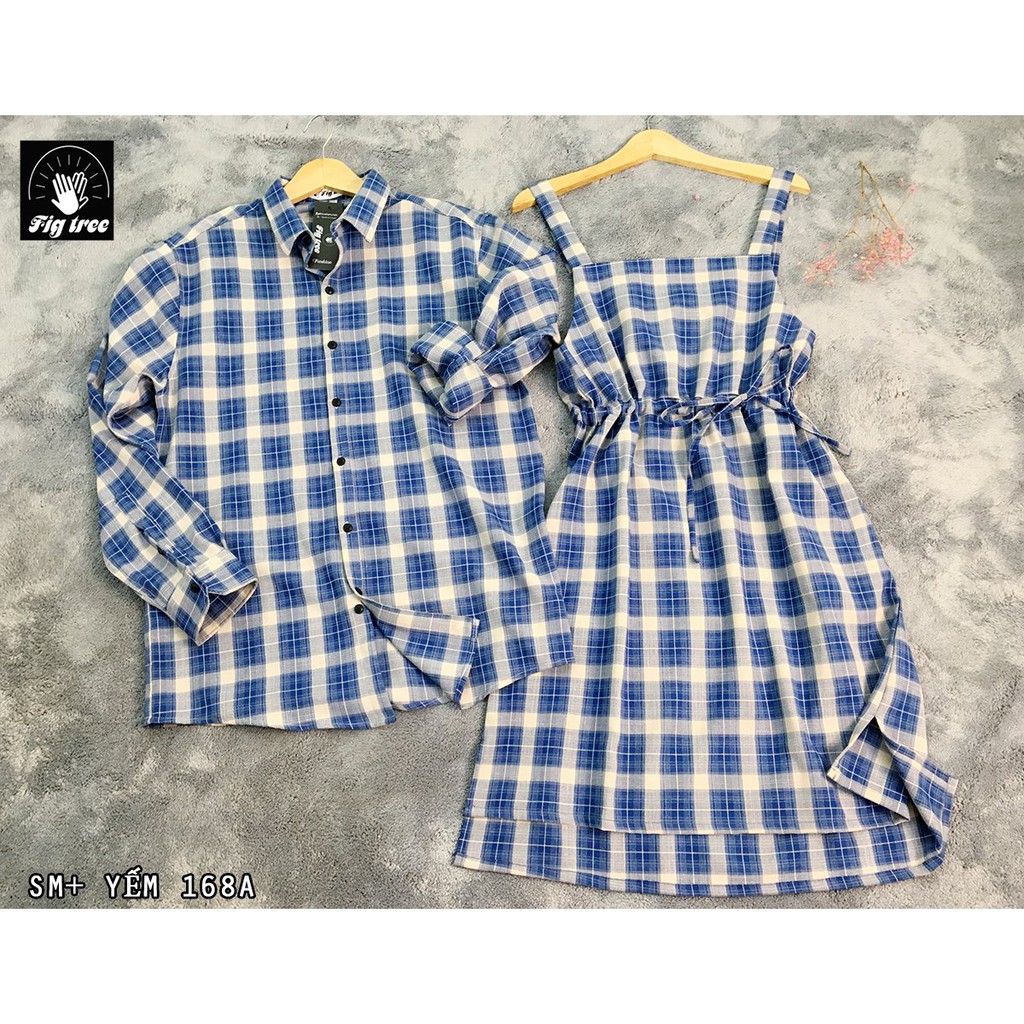 SET SƠ MI NAM&amp; VÁY NỮ FIGTREE CARO XANH (MS :168A)NỮ KÈM THUN