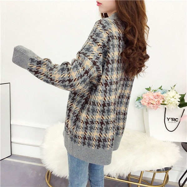 Áo khoác cardigan len dệt kim dáng rộng kẻ sọc kiểu retro hàn quốc