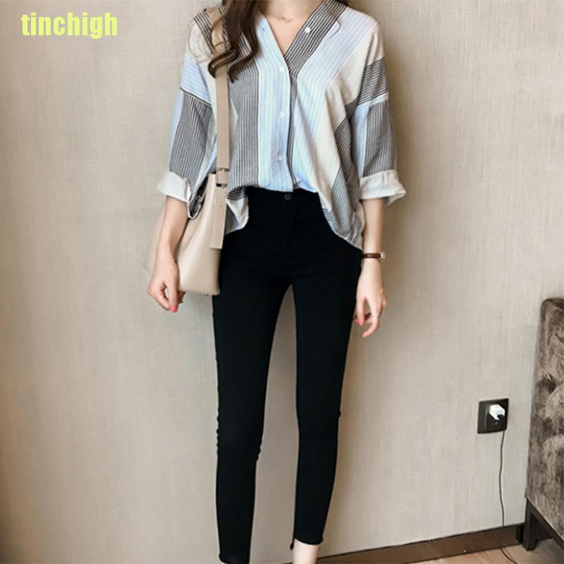 Áo Sơ Mi Tay Dài Kẻ Sọc Phong Cách Hàn Quốc Cho Nữ