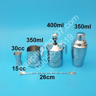 Combo 5 dụng cụ inox quầy bar pha chế loại nhỏ -  shaker inox 350ml