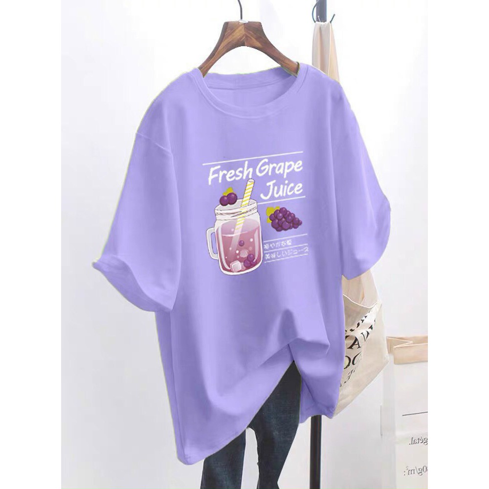 Áo thun unisex form rộng tay lỡ 75kg mặc vừa hình  nước ép và chữ fresh grape juce- Thời Trang Phương Ling