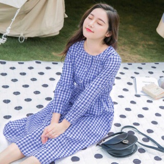 Đầm váy caro xanh tay dài (kèm hình thật)