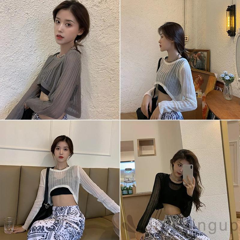 DRE-Women Summer Tops, Solid Color Long Sleeve Round Neck Cutout Sheer Knitted Tops