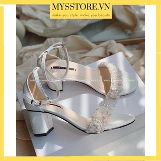 [CG-435] - Cao gót SANDAL QUAI NGANG CHẤT XÙ ĐÍNH HẠT MŨI TRÒN - 7P