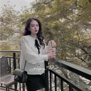 Áo sơ mi thô mềm cổ ren nơ đen tiểu thư