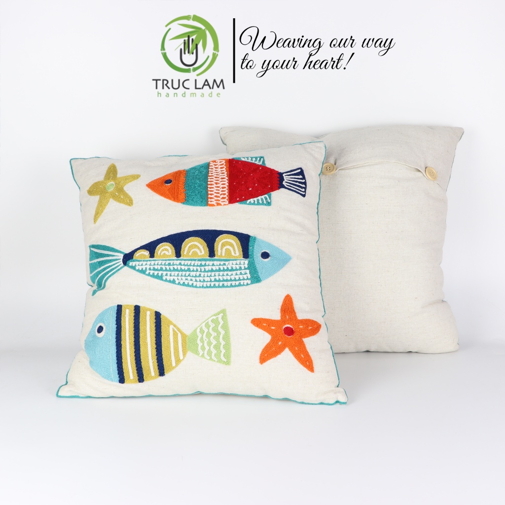 Gối/Vỏ Gối Vuông Tựa Lưng Sofa(45x45) Trang Trí Phòng Vải Linen Thêu Thủ Công Hình Con Cá Và Sao Biển- Trúc Lâm Handmade
