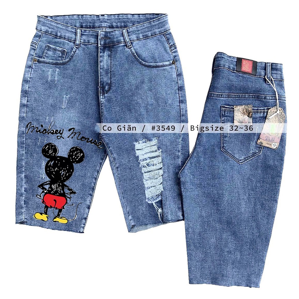 [60kg~90kg] Quần jean ngố / lửng BIGSIZE IN HINH CHUỘT ĐỎ lưng cao, co dãn mạnh rách kiểu đẹp 3459 moliruan