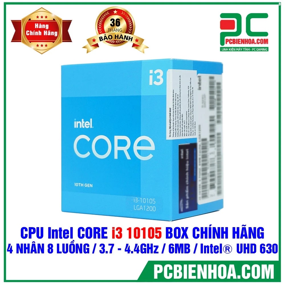 CPU INTEL CORE I3 10105 BOX CHÍNH HÃNG ( 4 NHÂN 8 LUỒNG / 3.7 - 4.4GHZ / 6MB / INTEL® UHD 630 )