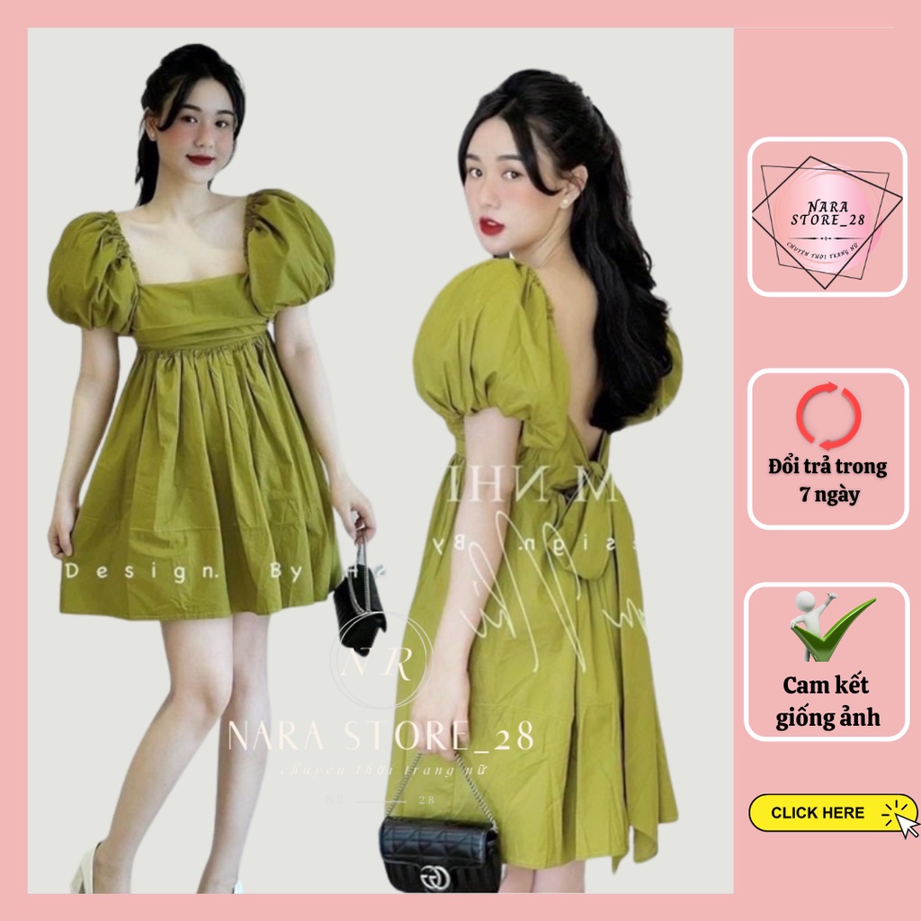 Váy babydoll xanh cốm, đầm babydoll tay phồng cổ vuông dáng xòe nơ lưng tiểu thư sang chảnh