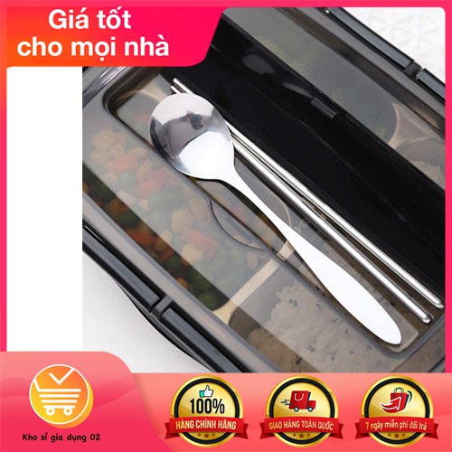 Hộp Đựng Cơm Văn Phòng Khay Inox 5 Ngăn Có Bát Để Canh Bọc Nhựa Bên Ngoài, Có Giá Để Điện Thoại - Tặng Kèm Thìa Đũa Inox