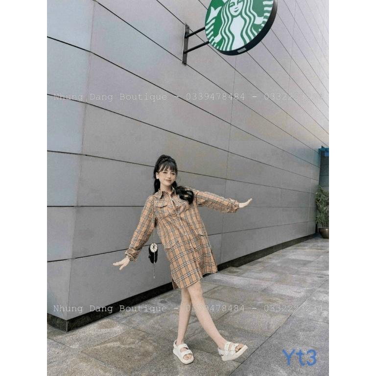 đầm sơ mi kate kẻ sọc form suông giấu bụng cực hotg pu hhp fashion