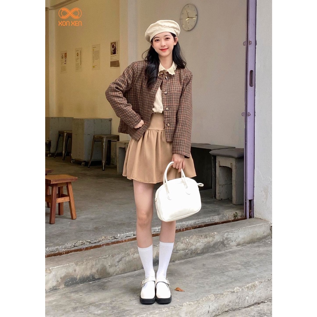 Áo khoác dạ nữ Áo dạ tweed 2 túi hoạ tiết caro cá tính XONXEN 468 LÊ DUẨN ĐÀ NẴNG freesize mã 289